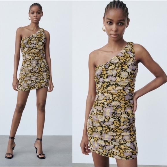 NWT Zara One Shoulder Floral Mini Dress Pleated Fabric - Picture 1 of 9